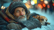 homeless man with his dog in winter