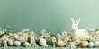 Easter poster and banner template with Easter eggs and white tulips and cute decorative rabbit on green background,