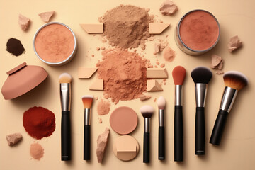 Assorted Makeup on a Table, A Beautiful Collection of Colors and Styles. Flat Lay Top View Creative  Design Concept