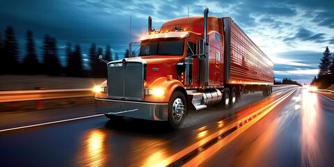 Wall Mural - Semi heavy truck powering through transportation of cargo on road freight cruising down highway amidst traffic vehicle dedicated to shipping car moving in unison capturing motion and speed business