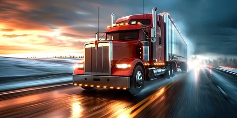 Wall Mural - Semi heavy truck powering through transportation of cargo on road freight cruising down highway amidst traffic vehicle dedicated to shipping car moving in unison capturing motion and speed business