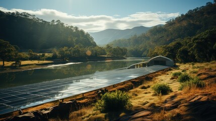 Wall Mural -  a solar panel sitting on top of a river next to a lush green hillside under a blue sky with clouds.