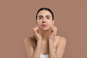 Canvas Print - Woman with dry skin on beige background