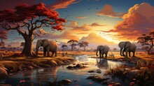  A Painting Of A Group Of Elephants Walking Along A River Under A Sunset With Birds Flying In The Sky Above.