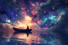 Art Illustration, A Boy In Boat Under Galaxy Sky Anime 4k Background