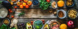 Fototapeta  - Selection of healthy food on rustic wooden background