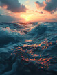 Sunset Kissing The Shimmering Ocean, Waves In The Ocean