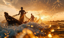 Fishermen Stand On The Boat As They Cast Their Nets Into The Water.