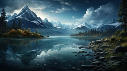 Wall Mural -  a painting of a mountain landscape with a lake in the foreground and a forest on the other side of the lake.