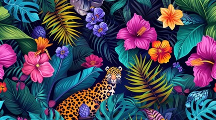 Wall Mural - Tropical exotic pattern with animal and flowers in bright colors and lush vegetation