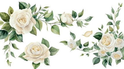 Wall Mural - Set of watercolor on floral white rose branches. Wedding concept a white background