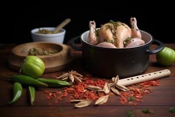 Sticker - cooked chicken shredded on board beside pot