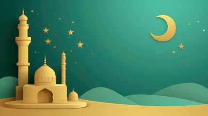 ramadan kareem sale banner background, solid green background with 3d render moon and star, ramadan sales podium backgroud