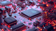 Close-up of a microprocessor chip on a circuit board.