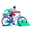 Postman deliver mail by bicycle. Mailman carries envelopes, paper letters, stack of newspapers. Post worker ride bike. Delivery of correspondence. Flat isolated vector illustration on white background