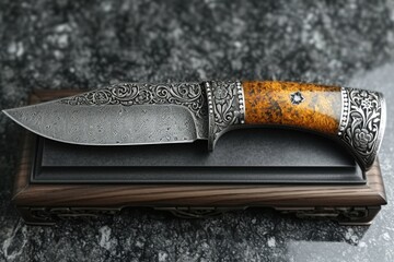 One Stylish Damascus steel kitchen knife on a wooden board