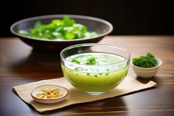 Sticker - glass bowl of edamame soup with sprig of cilantro