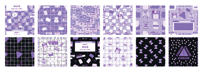 Poster - Big set of seamless patterns in trendy y2k style. Old computer aesthetics from the 90s, 00s. Retro PC elements, user interface. Template for card, fabric, textile, wallpaper, paper, packaging