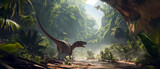 Fototapeta  - Panorama of t-rex dinosaur in prehistoric jungle