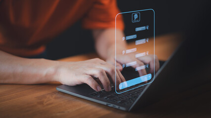 Member use a laptop computer with technology smart robot AI chatbot for chat. Artificial intelligence by enter command prompt for generates something, Futuristic technology transformation.