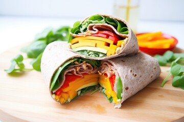 Sticker - flaxseed wrap laid open with a rainbow of bell peppers inside