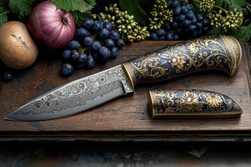 One Stylish Damascus steel kitchen knife on a wooden board