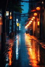 Rain And Wet Street Night Scene With Bright Lights In Every Corner. City Night Life With Old Vintage Historical Building Around.	