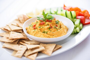 Wall Mural - sun-dried tomato hummus with pita pieces arranged in rows