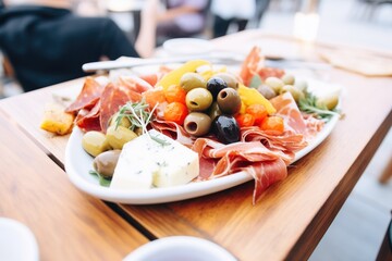 Canvas Print - antipasto platter with cured meats, cheese, and olives