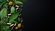 Herbs, leaf herbal, and capsule arrangement and isolated on dark background. Medical and healtcare background concept.