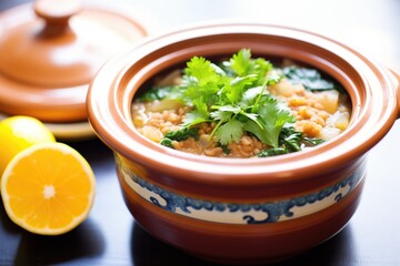 Sticker - freshly cooked lentil soup in a clay pot with a lid