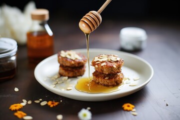 Sticker - bran muffins with honey drizzle and almond slivers