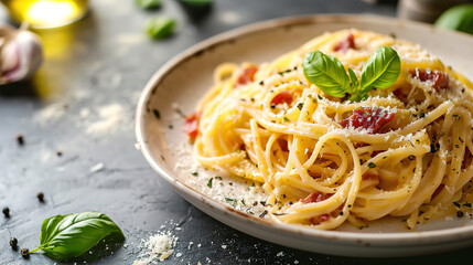 Pasta carbonara, with empty copy space, food advertising, professional food photography