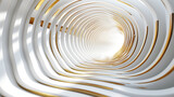 Fototapeta Przestrzenne - Abstract image of a tunnel hallway with white and gold curves swirling inward., 3D illustration.	