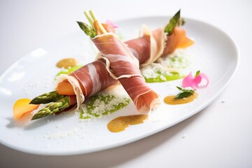 Sticker - creative presentation of prosciutto-wrapped asparagus on a bed of parmesan shavings