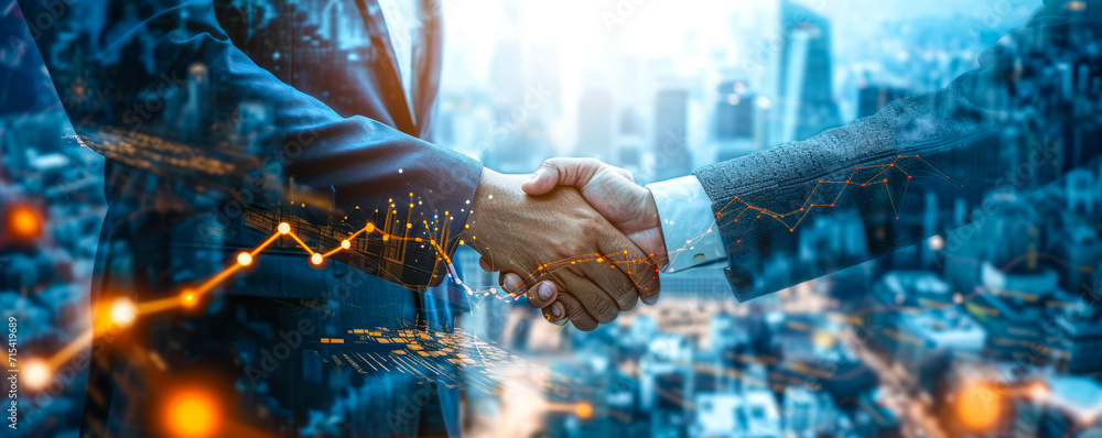 Successful business merger handshake with upward graphs symbolizing ...