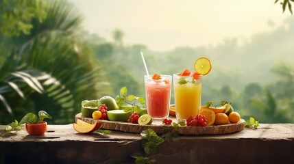 Sticker - Fruit smoothies on wooden table with tropical jungle background. Healthy food concept.