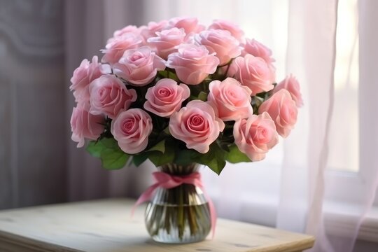  a bouquet of pink roses in a glass vase on a wooden table in front of a window with sheer curtains.