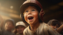 Young Child In Baseball Gear, Joyfully Celebrating With Team In The Background.