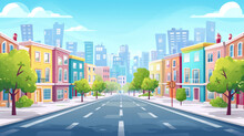 Empty Modern City. City Life Illustration With House Facades Road And Other Urban Details. 