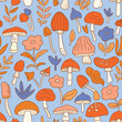 Vector hand-drawn mushroom seamless pattern. Natural forest seamless print design for kids fabric. Cute mushroom seamless texture.