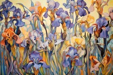  A Painting Of Purple And Orange Irises In A Field Of Blue And Yellow Grass With A Yellow Sky In The Background.