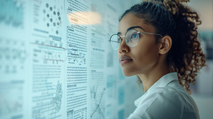 A trial lawyer business black woman in office scrutinizes looking a large flowchart screen on the wall, technology strategy concept