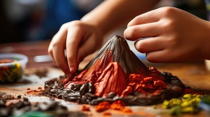 child's hands creating a colorful volcano in a science project.