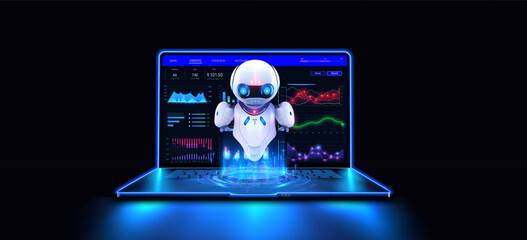 Fototapete - Robotic AI Assistant Emerging from Laptop. A 3D robot with a holographic display emerging from a laptop screen. Robot trader. AI for automation trading on stock market. Vector illustration