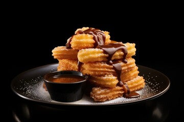 Wall Mural - Brazilian mini churros with dulce de leche on black background.