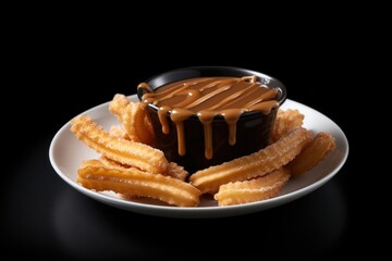 Wall Mural - Brazilian mini churros with dulce de leche on black background.