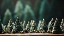  A Row Of Small Pine Trees Sitting On Top Of A Wooden Table Next To A Forest Filled With Pine Cones.