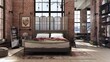 Loft bedroom interior, with the bed in the center and the living room in the background. Industrial design with large loft windows and raw bricks combined with wooden parquet floor. 3D illustration.