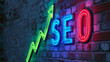 SEO colorful neon sign with upward green arrow on a brick wall, concept of growth in search engine optimization and online marketing success, ranking improvement.